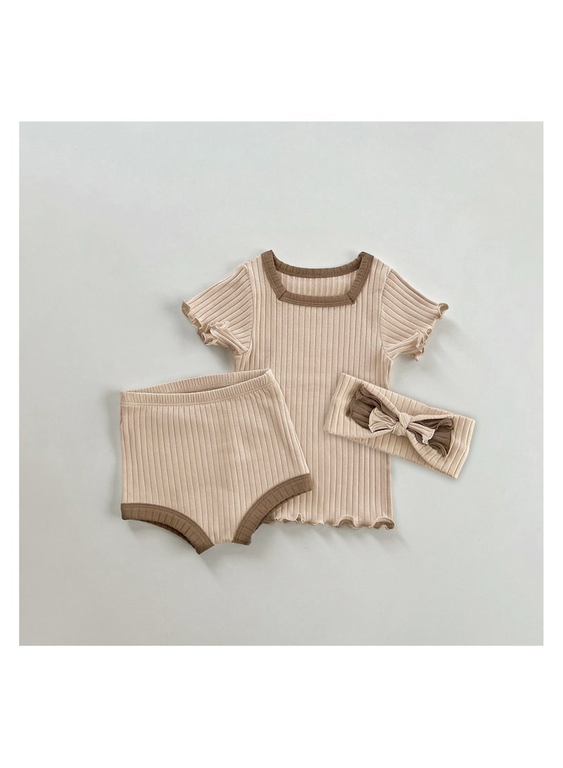 Baby Soft Breathable Cotton Short Sleeve T-shirt + Briefs + Hair Tie Pink Apricot Three-Piece Set - Image 1