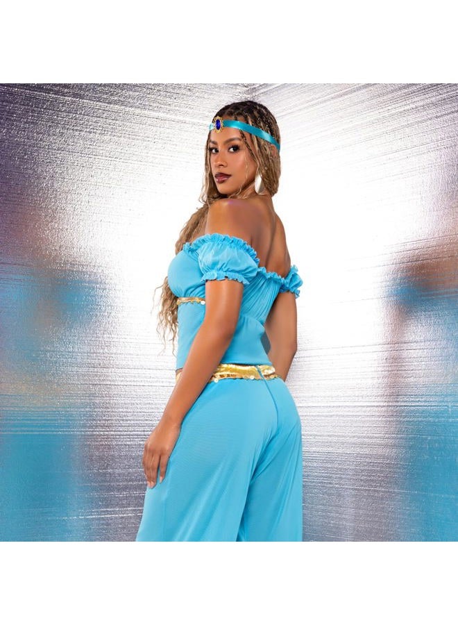 Leg Avenue جمال عربي نسائي 3 قطع مع بلوزة بدون أكتاف، بنطلونات هارم، رباط رأس، أزياء بحجم بالغ، تركواز، صغير أمريكي - Image 5