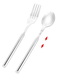 Bukela Extendable fork Spoon, Telescopic Fork and Spoon Set Stainless Steel Long Fork Extender Dinner Retractable Spoons Expandable Extension Fork Spoon Extends to 25.2" Tableware for BBQ Fruit  - Image 1