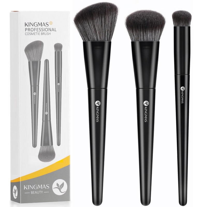 KINGMAS Foundation Makeup Brushes, 3Pcs Kabuki Contour Concealer Makeup Brush, Vegan & Cruelty-Free, Synthetic Cosmetic Under Eye & Blusher Face Brush (Black) - Image 1
