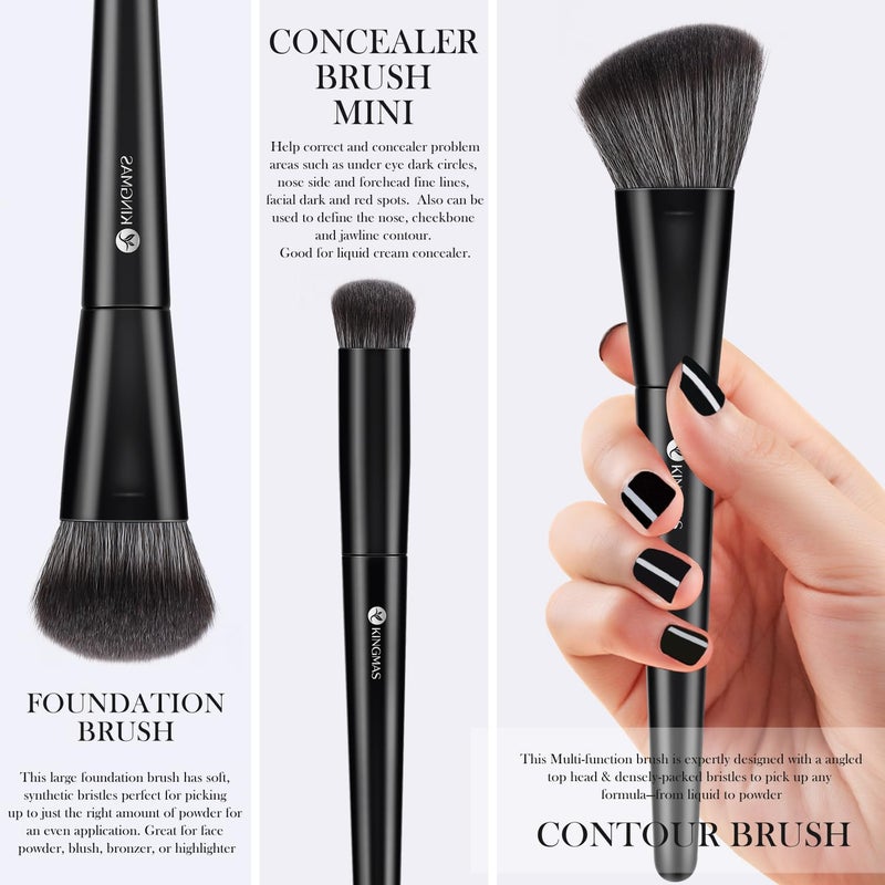 KINGMAS Foundation Makeup Brushes, 3Pcs Kabuki Contour Concealer Makeup Brush, Vegan & Cruelty-Free, Synthetic Cosmetic Under Eye & Blusher Face Brush (Black) - Image 4