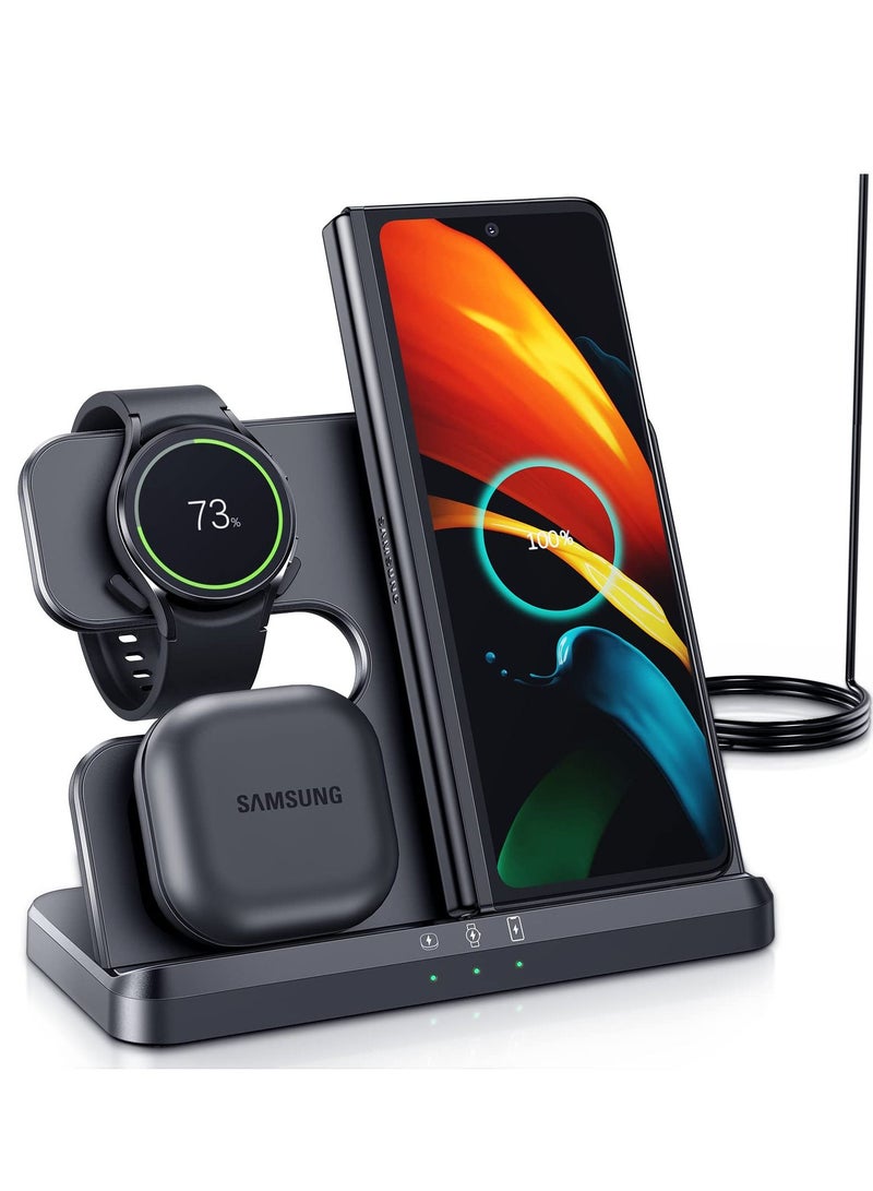 Wireless Charging Station for Samsung 3 in 1 Wireless Charger for Galaxy Watch 4/3/Active 2/1 Compatible with Samsung S22 Ultra S21 S20 Note20 Z Flip 4/3 Z Fold Galaxy Buds, Black