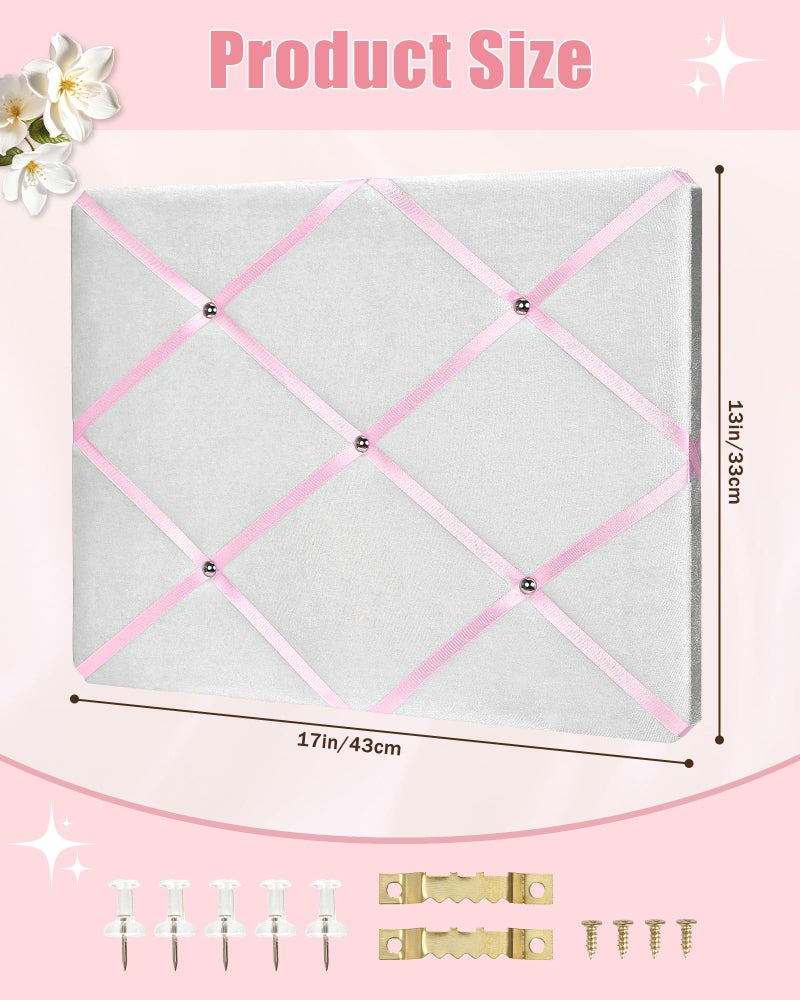 Aitakatta White Fabric Memo Bulletin Board, 17x13 inches Velvet Pin Board for Wall, Vision Board Message Board with Pink Criss-Cross Ribbons for Home Office School Wall Decor(PK Ribbon,4333) - Image 2