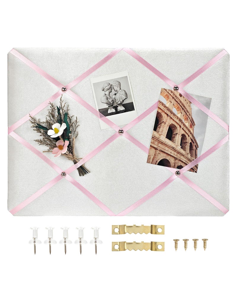 Aitakatta White Fabric Memo Bulletin Board, 17x13 inches Velvet Pin Board for Wall, Vision Board Message Board with Pink Criss-Cross Ribbons for Home Office School Wall Decor(PK Ribbon,4333) - Image 1