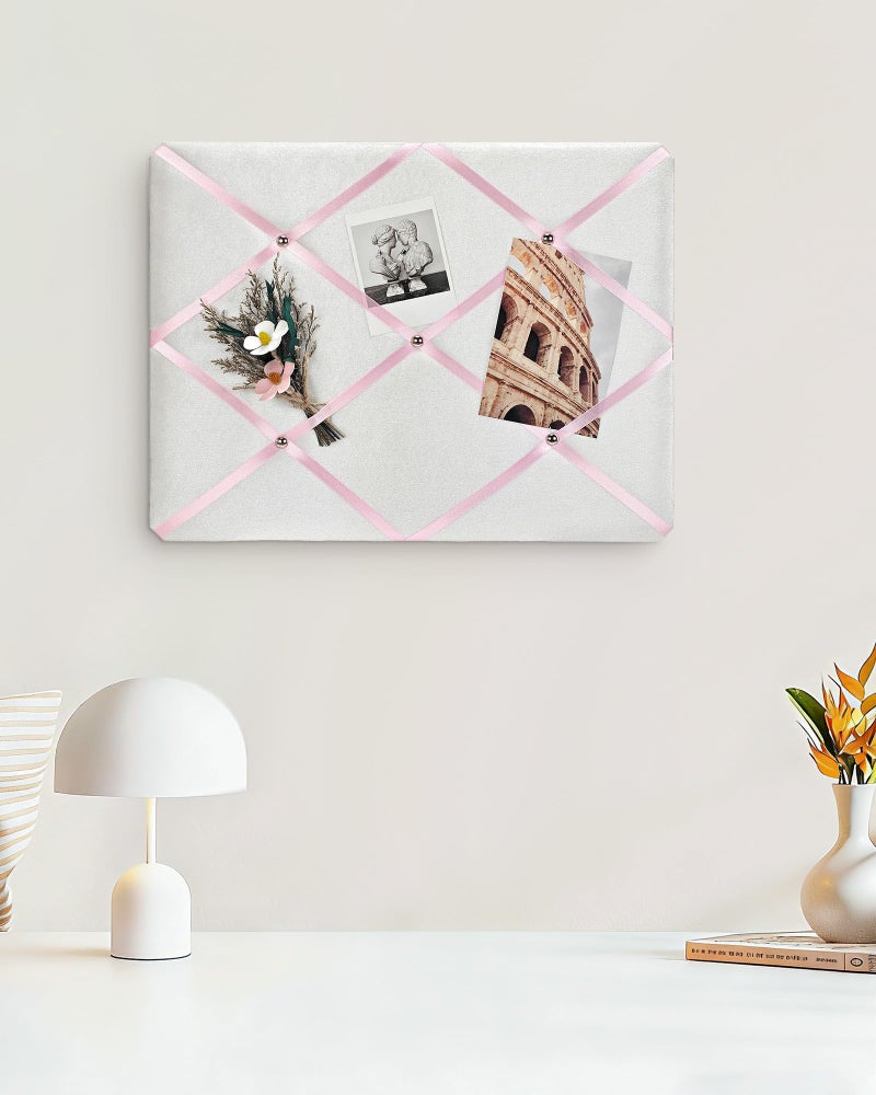 Aitakatta White Fabric Memo Bulletin Board, 17x13 inches Velvet Pin Board for Wall, Vision Board Message Board with Pink Criss-Cross Ribbons for Home Office School Wall Decor(PK Ribbon,4333) - Image 3