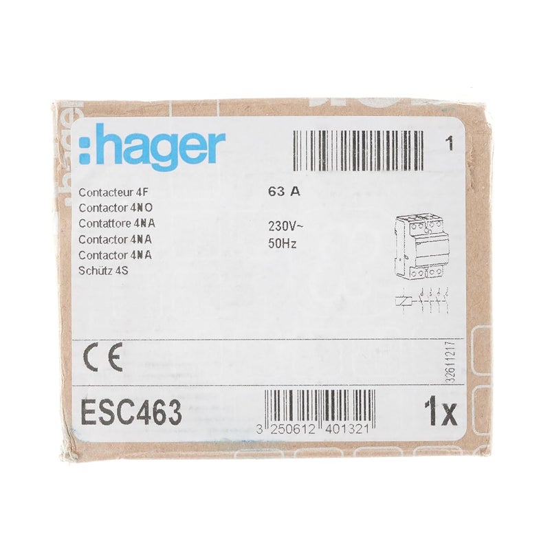 Hager Contactor 63A 4P 400V (ESC463) – Coil 230V, 4NO, Made in EU - Image 2