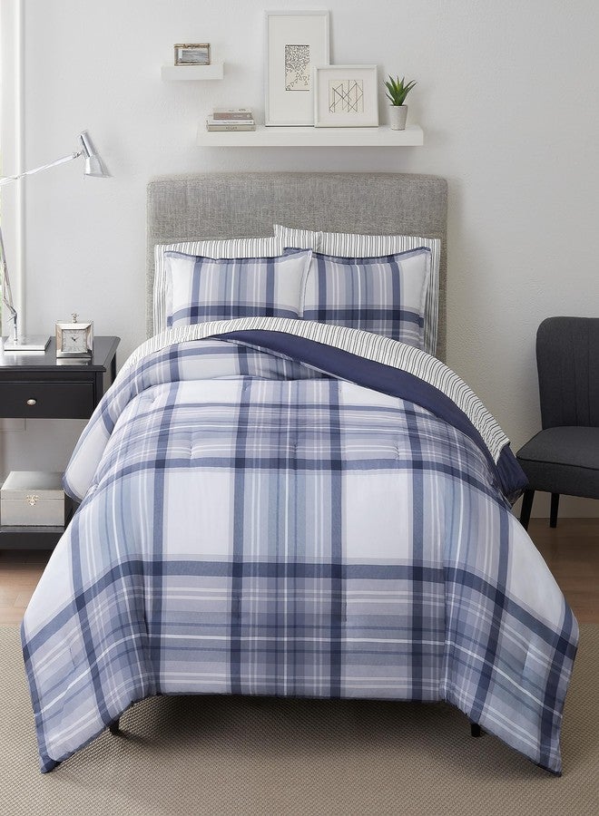 Serta Simply Clean Scott Soft 7 Piece Plaid Bed in A Bag Complete Bedding Comforter Set with Sheets and Pillow Case for All Season, Full, Blue - Image 1