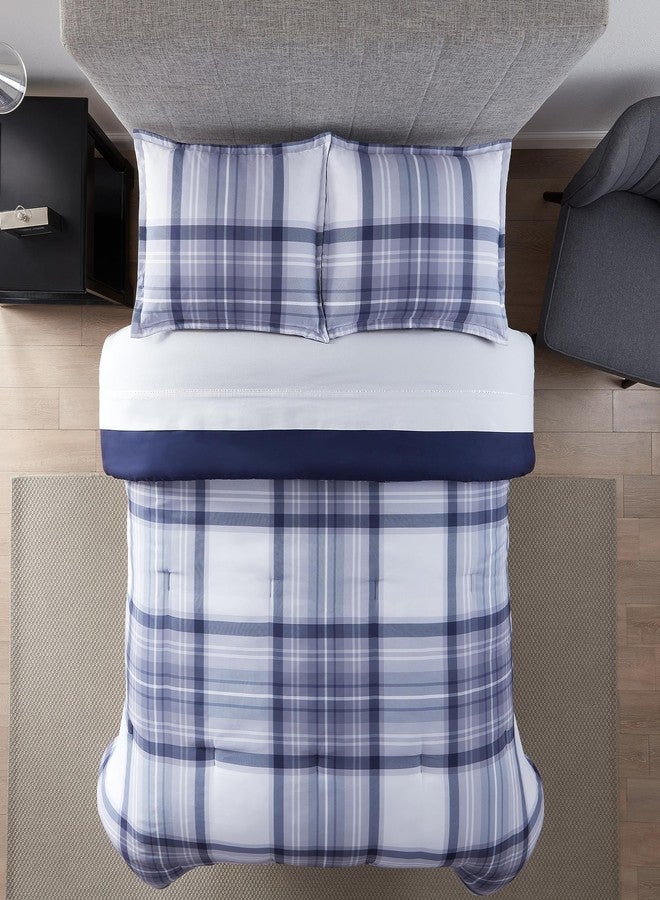 Serta Simply Clean Scott Soft 7 Piece Plaid Bed in A Bag Complete Bedding Comforter Set with Sheets and Pillow Case for All Season, Full, Blue - Image 2