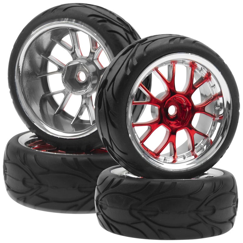 Share Goo ShareGoo Plastics Wheel Rims wRubber Tire RC 12mm Hex Hub Compatible with HSP Tamiya XV01 TT01 Kyosho Traxxas Sakura WLtoys HSP 3Racing 110 RC OnRoad Racing Touring Car Red - Image 3
