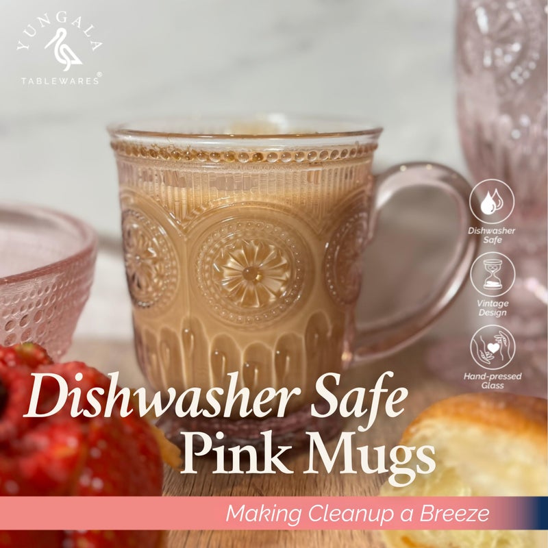 Yungala Pink Glass Coffee Mugs Set of 4 â€“ 10oz Aesthetic Pink Glass Mug Set, Real colored glass that is 100% Dishwasher Safe and Lead-Free, think Vintage Tea Cups vibes - Image 2