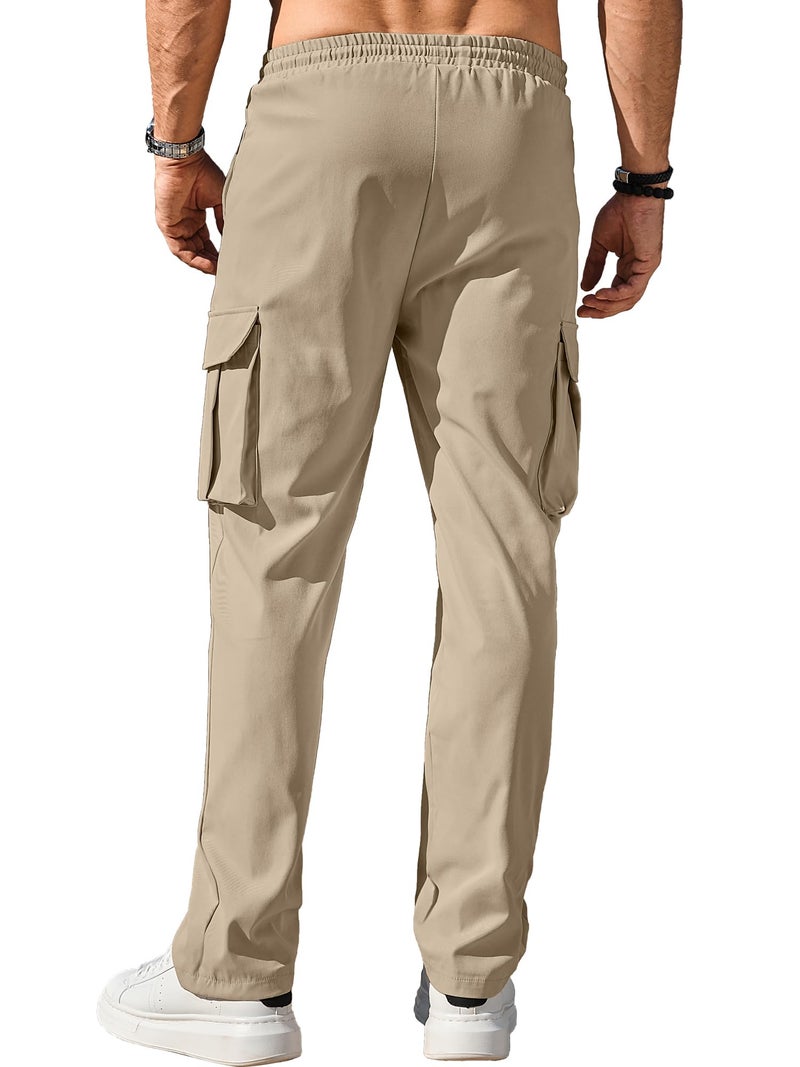 Comdecevis Men's Casual Cargo Pants Workout Joggers Stretch Sweatpants Hiking Drawstring Tactical Pants with Multi Pockets Dark Khaki - Image 4