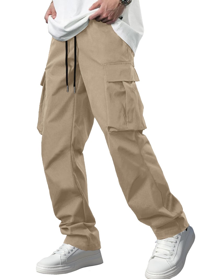 Comdecevis Men's Casual Cargo Pants Workout Joggers Stretch Sweatpants Hiking Drawstring Tactical Pants with Multi Pockets Dark Khaki - Image 1