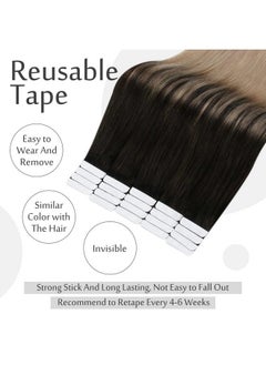 Full Shine Tape In Hair Extensions Human Hair 20 Inch Hair Extensions For Women Natural Black Fading To 18 Ash Blonde 50Gram 20Pieces Skin Weft Tape Hair Invisible Tape Extensions  - Image 3
