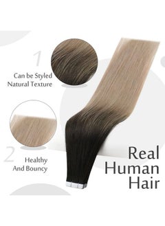 Full Shine Tape In Hair Extensions Human Hair 20 Inch Hair Extensions For Women Natural Black Fading To 18 Ash Blonde 50Gram 20Pieces Skin Weft Tape Hair Invisible Tape Extensions  - Image 4