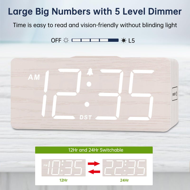 DreamSky Wooden Digital Alarm Clock with Wireless Charging for Bedroom, Bedside Nightstand Clock with Charger Station, USB Port, Large Numbers, Adjustable Volume, Brightness Dimmer, DST - Image 4