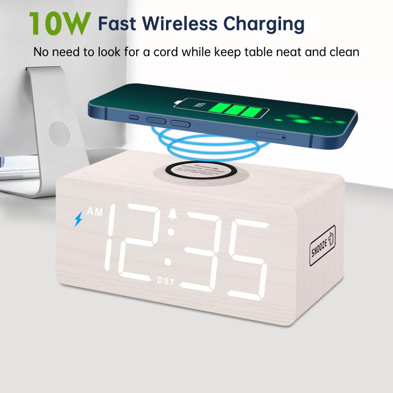 DreamSky Wooden Digital Alarm Clock with Wireless Charging for Bedroom, Bedside Nightstand Clock with Charger Station, USB Port, Large Numbers, Adjustable Volume, Brightness Dimmer, DST - Image 2