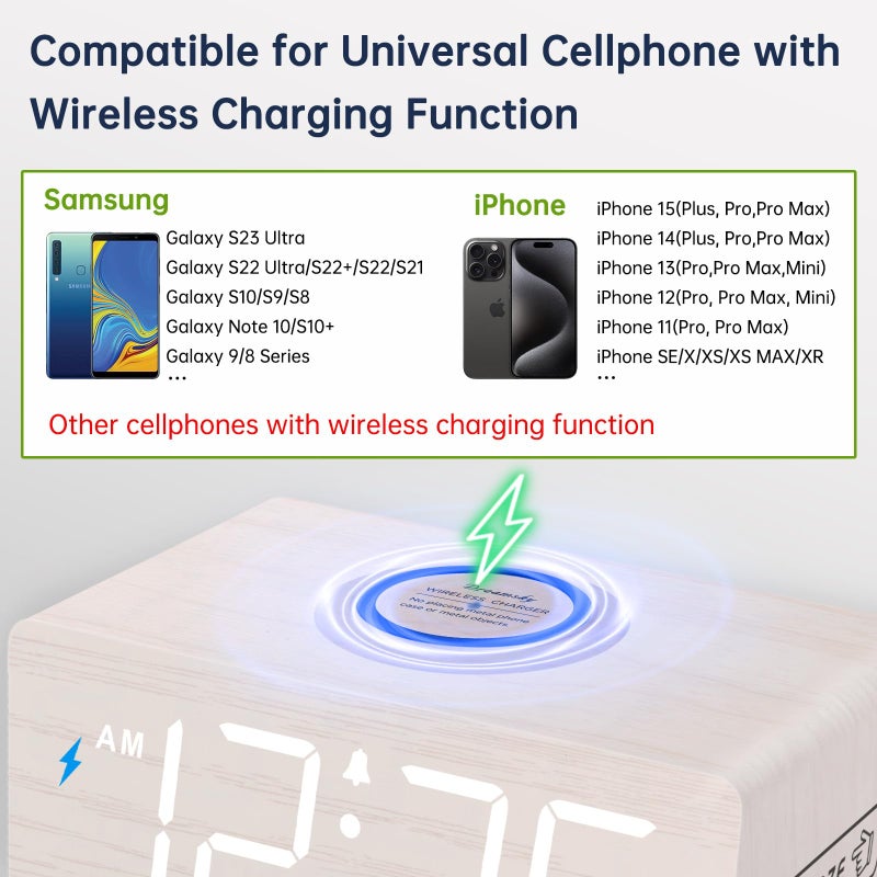 DreamSky Wooden Digital Alarm Clock with Wireless Charging for Bedroom, Bedside Nightstand Clock with Charger Station, USB Port, Large Numbers, Adjustable Volume, Brightness Dimmer, DST - Image 3