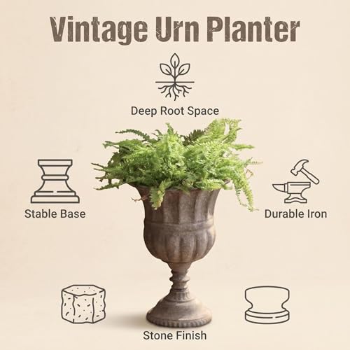 NOONEAU Vintage Urn Planter with Embossed Pattern, Imitation Stone Finish Flower Pot, Distressed Classic Plant Pot for Outdoor Indoor Home Garden Patio Front Porch Entryway（12 * 17 in） - Image 3