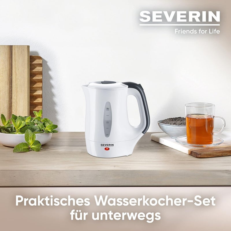 سيفيرين مجموعة إبريق سفر SEVERIN WK 3644 – سعة 0.5 لتر، قوة 650 واط، تصميم محمول مع وظيفة حماية من الغليان الزائد، تشمل كوبين وملعقتين، إبريق أبيض مدمج - Image 3