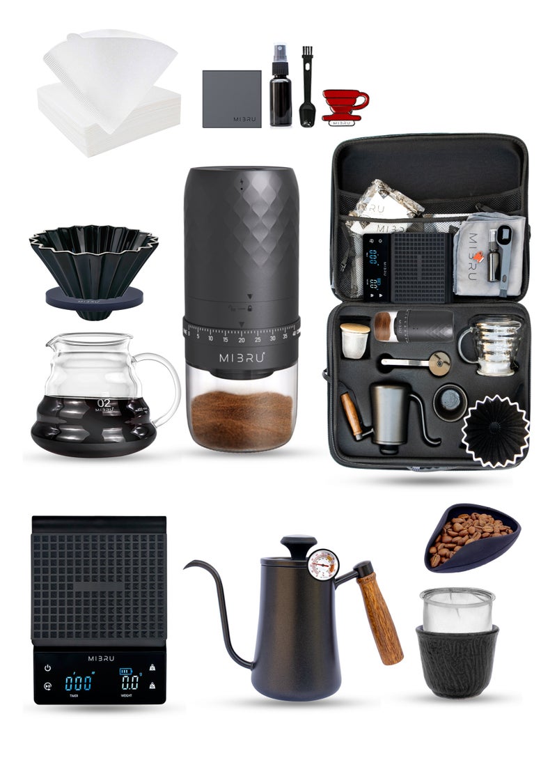 MIBRU V60 Coffee Set 12 piece Drip Pour Ove Coffee Maker Set All in one Portable Carry Case Black 600ml Travel Bag Set With Tool Case - Image 1