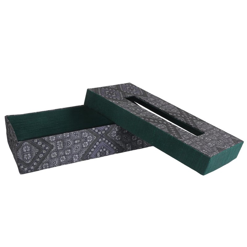 INDHA Tissue Box | Handcrafted Tissue Box Black & Grey | Black and Green Dupion Silk Tissue Box | Mild Grey Ethnic Geometric Pattern Design Digitally Printed - Image 3