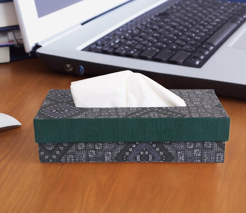 INDHA Tissue Box | Handcrafted Tissue Box Black & Grey | Black and Green Dupion Silk Tissue Box | Mild Grey Ethnic Geometric Pattern Design Digitally Printed - Image 5