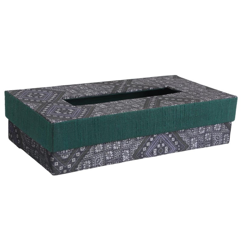 INDHA Tissue Box | Handcrafted Tissue Box Black & Grey | Black and Green Dupion Silk Tissue Box | Mild Grey Ethnic Geometric Pattern Design Digitally Printed - Image 2