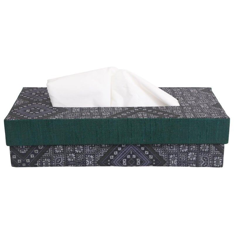 INDHA Tissue Box | Handcrafted Tissue Box Black & Grey | Black and Green Dupion Silk Tissue Box | Mild Grey Ethnic Geometric Pattern Design Digitally Printed - Image 1
