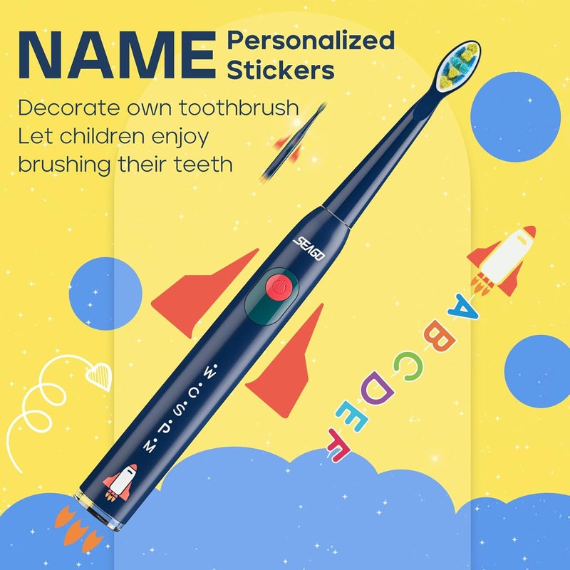 SEAGO Kids Electric Toothbrush, Rechargeable Sonic Soft Bristle Toothbrushes with 8 Brush Heads, DIY Stickers and 5 Modes, Ideal for Kids and Children, Ages 3–12，SG2303(Navy) - Image 2