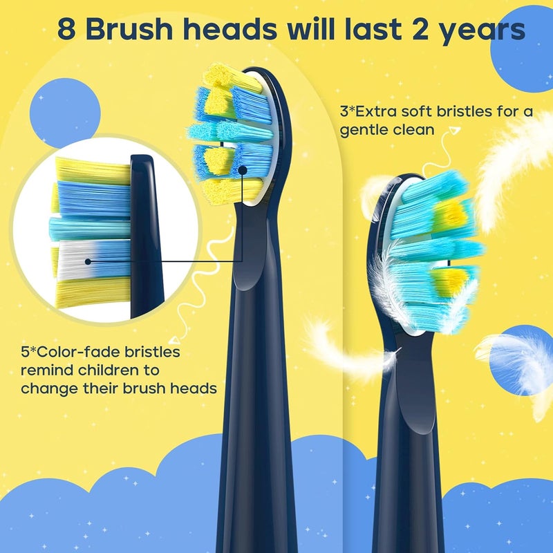 SEAGO Kids Electric Toothbrush, Rechargeable Sonic Soft Bristle Toothbrushes with 8 Brush Heads, DIY Stickers and 5 Modes, Ideal for Kids and Children, Ages 3–12，SG2303(Navy) - Image 4