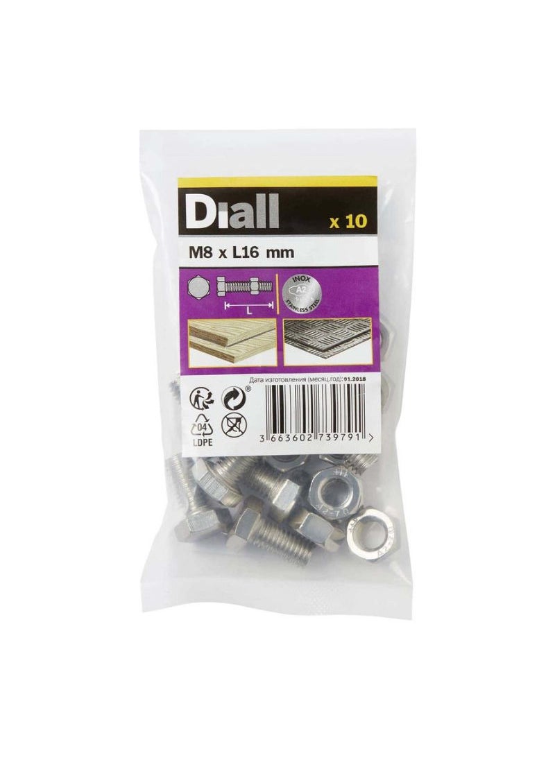 ACE Diall M8 Hex Stainless Steel Bolt And Nut 16mm 10Pcs 