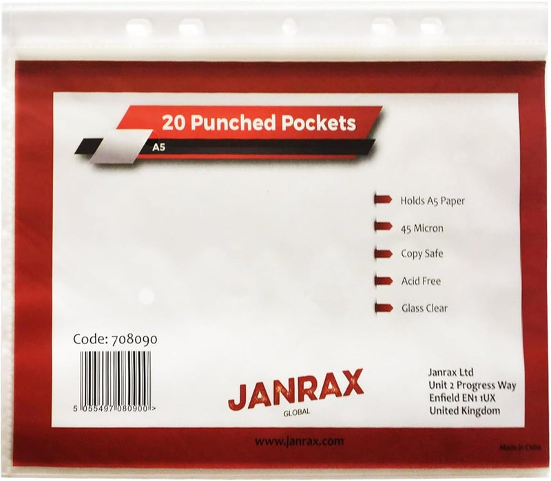 Janrax Pack of 20 A5 Glass Clear Punched Pockets by - Image 3
