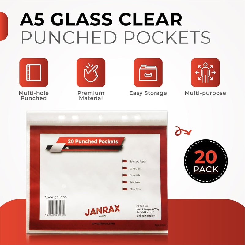 Janrax Pack of 20 A5 Glass Clear Punched Pockets by - Image 5