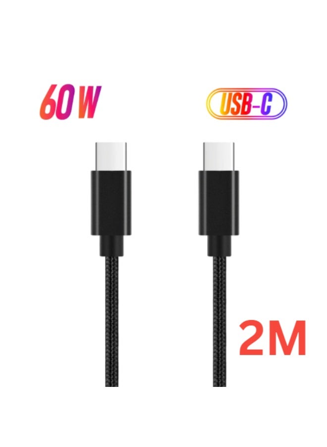 Braided USB-C to USB-C Cable – 60W PD Fast Charging, 3A Type-C Charging & Data Cable – Durable Nylon Braided – 1M/2M – Black  - Image 2