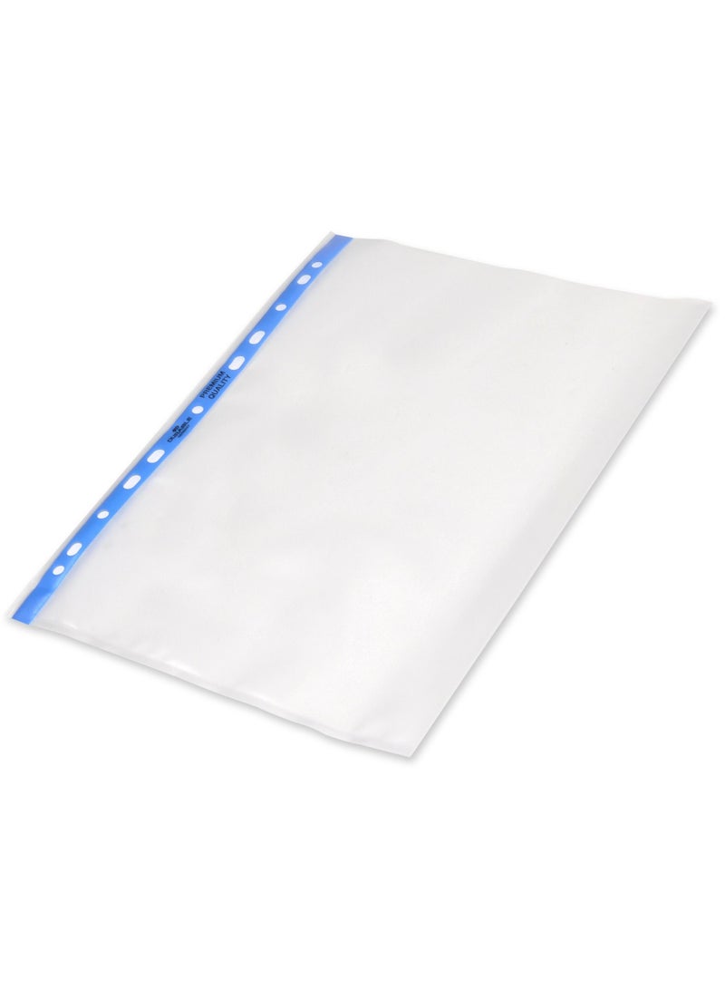 Durable punched pocket A4, open top, grained, 90my, transparent with blue perforated spine, 100 pieces - Image 2