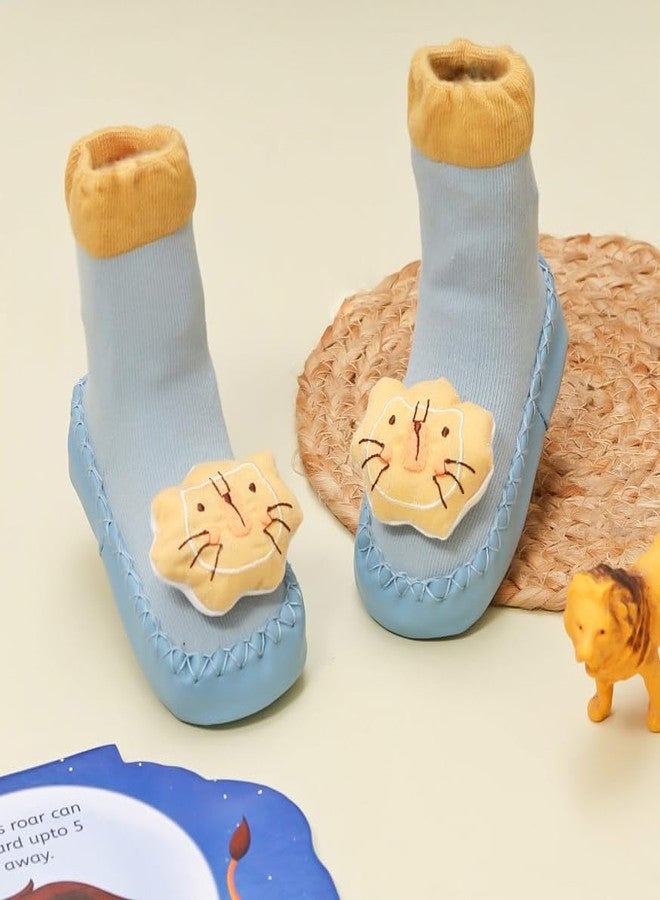 Yellow Bee Cute 3-D Lion Leather Shoe Socks for Boys, Blue and Yellow, 12-18 Months - Image 2
