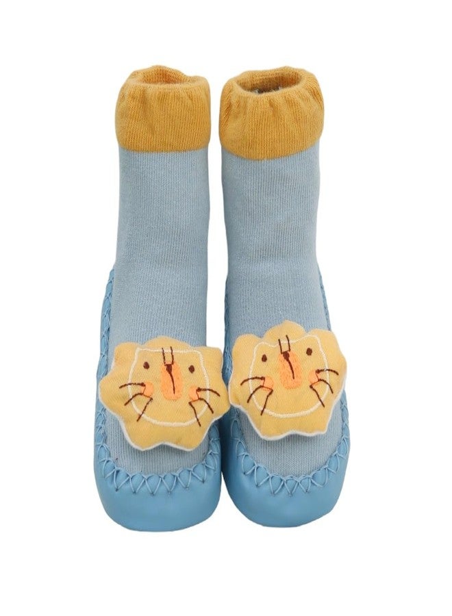 Yellow Bee Cute 3-D Lion Leather Shoe Socks for Boys, Blue and Yellow, 12-18 Months - Image 1