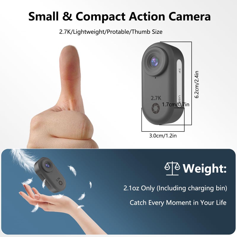 MGW Star 2.7K Mini Body Camera 64GB, Image Stabilization Wearable Action Body Cam, Thumb Hands Free Recording Bodycam with Magnetic Lanyard, Premium Portable Camcorder for Work/Travel/Pet Walking (Black) - Image 2