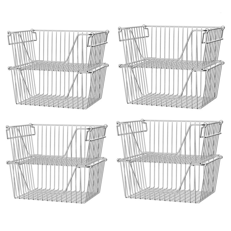 Slideep 14 Large Stackable Storage Baskets Cabinet Organizer Sturdy Metal Wire Pantry Freezer Bin for Pantry Home Bathroom Kitchen Organization  Set of 8