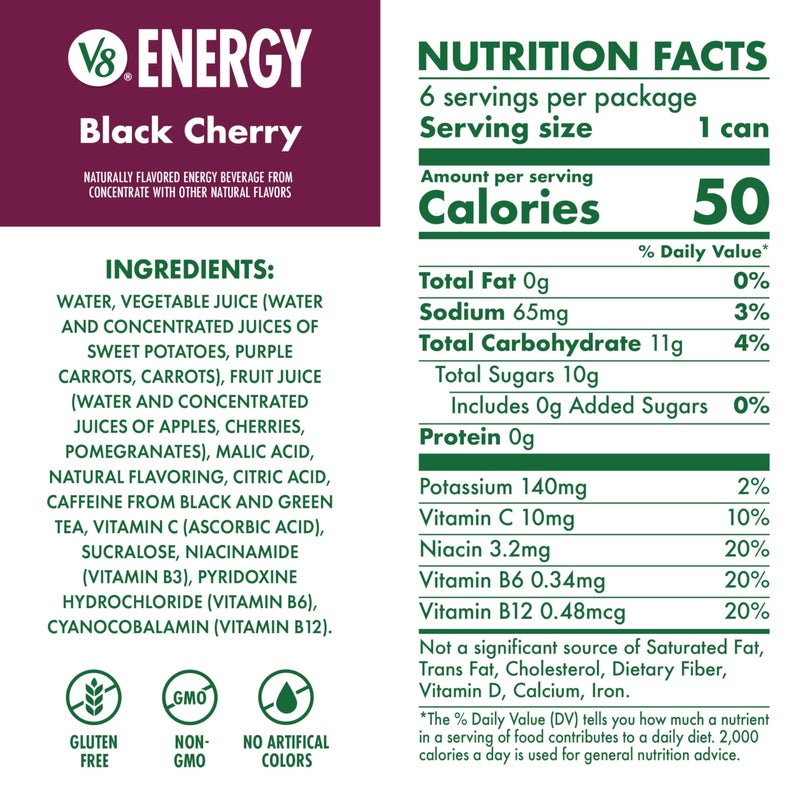 V8 Energy Black Cherry Energy Drink, 8 fl oz Can (6 Pack) - Image 5
