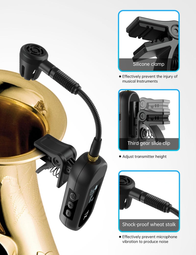 EBJ Wireless UHF Saxophone Microphone System, Clip Instrument Microphone Saxophone and Trumpet, preset EQ and Echo Level 100 feet Transmission, Full Charge can be Used for 8 Hours (M-03-2) - Image 3