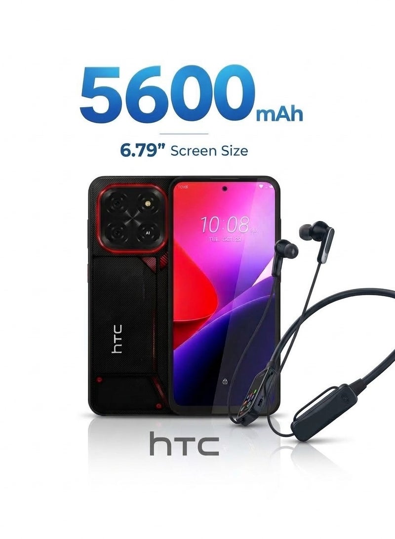 إتش تي سي هاتف Wildfire E7 Elite 5G ثنائي الشريحة، سعة 256GB، 6+12GB RAM، شاشة 6.78 بوصة UHD+، أسود مع سماعة رأس لاسلكية معلقة حول العنق - نسخة KSA - Image 1