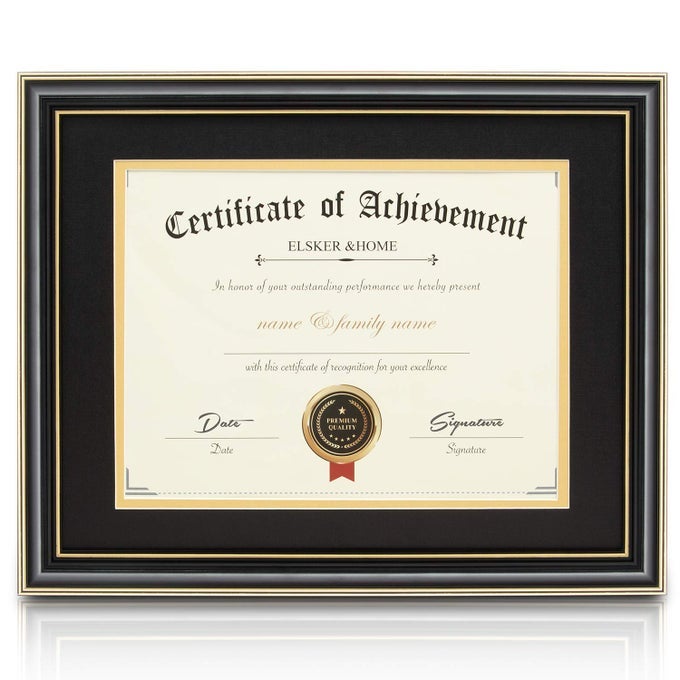 ELSKERHOME 85 X 11 DIPLOMA FRAME WITH MATHIGH GLOSS BLACK WOOD COLOR FRAMEMADE FOR 85X11 INCH CERTIFICATEAWARD FRAME WITH MAT OR 11X14 DEGREEDOCUMENT FRAME WITHOUT MAT BLACK WITH GOLDEN RIM