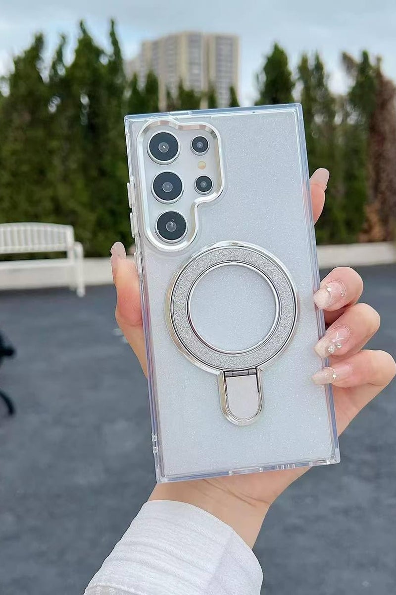 Case Compatible with Samsung Galaxy S24 Ultra Magnetic Glitter Case,Luxury Bling Rhinestone Clear TPU Bumper Case,wireless charger ring stand shine Cover for Women Girls (Shiny Clear) - Image 2