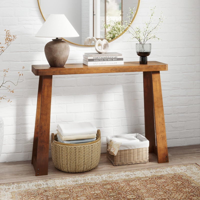 Giantex Narrow Long Console Table, 43" Modern Entryway Table Behind the Couch, Rubberwood Accent Sofa Tables for Living Room, Foyer, Hallway, Bedroom, Entrance (Walnut) - Image 2