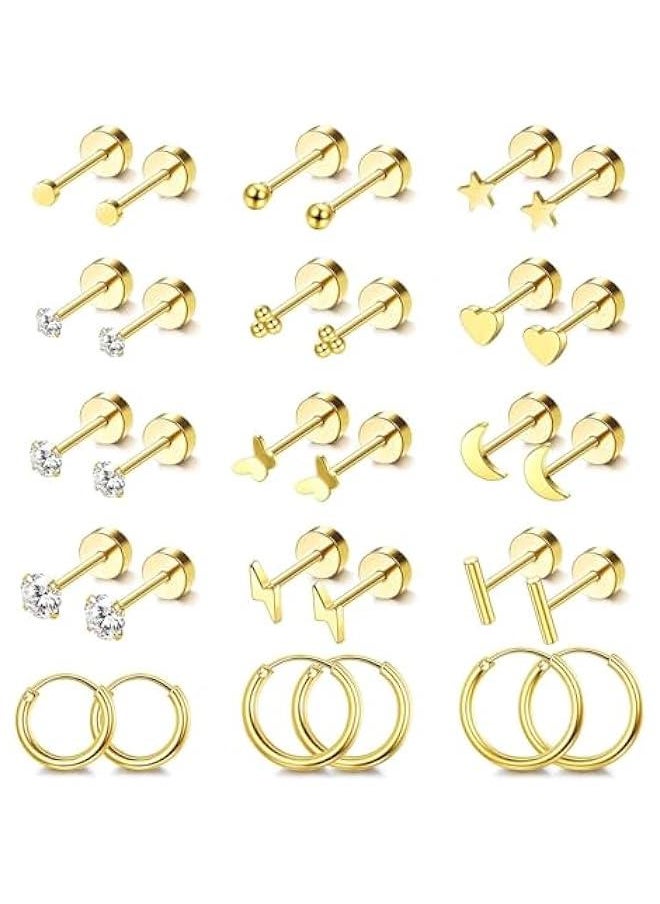 Generic Hypoallergenic Surgical Steel Earrings for Sensitive Ears, 14K Gold Flat Back Stud Earrings, Small Stainless Steel Hoop with Screw Back, Ideal for Multiple Piercings, for Women and Men  - Image 1
