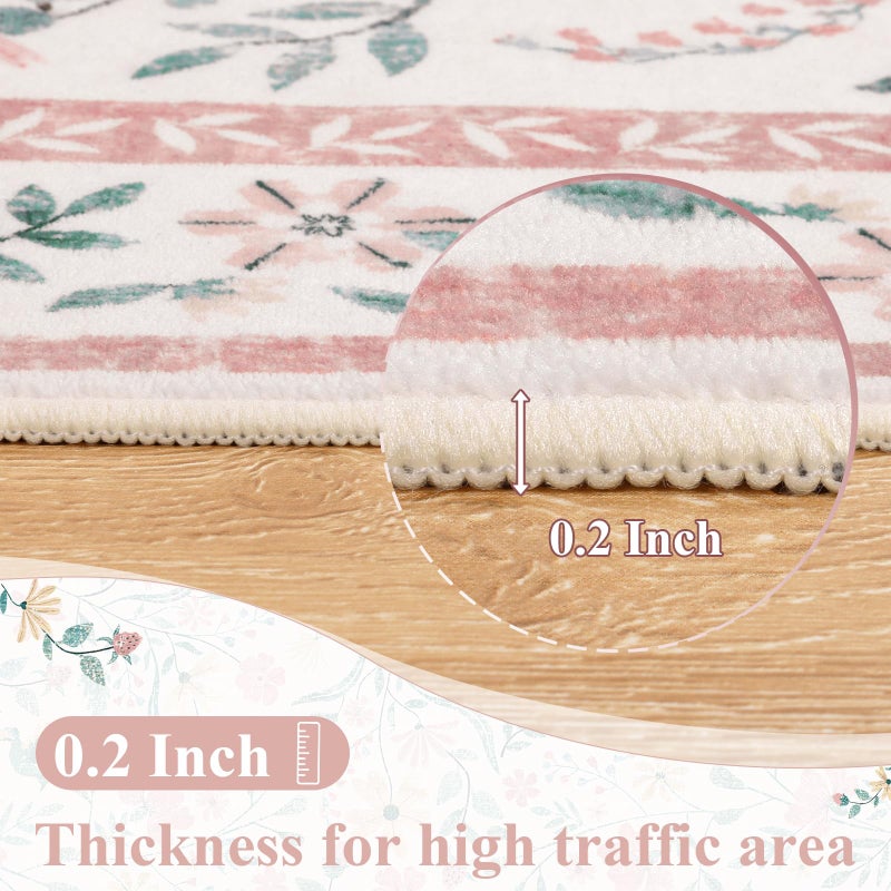 SHACOS Pink Floral Area Rugs 5x7 Nursery Rug, Machine Washable Boho Rugs for Bedroom, Non Slip Soft Floral Low-Pile Carpet for Living Room Kids Room Dining Room Entryway Indoor - Image 4