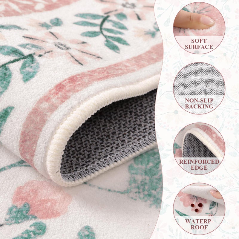 SHACOS Pink Floral Area Rugs 5x7 Nursery Rug, Machine Washable Boho Rugs for Bedroom, Non Slip Soft Floral Low-Pile Carpet for Living Room Kids Room Dining Room Entryway Indoor - Image 3