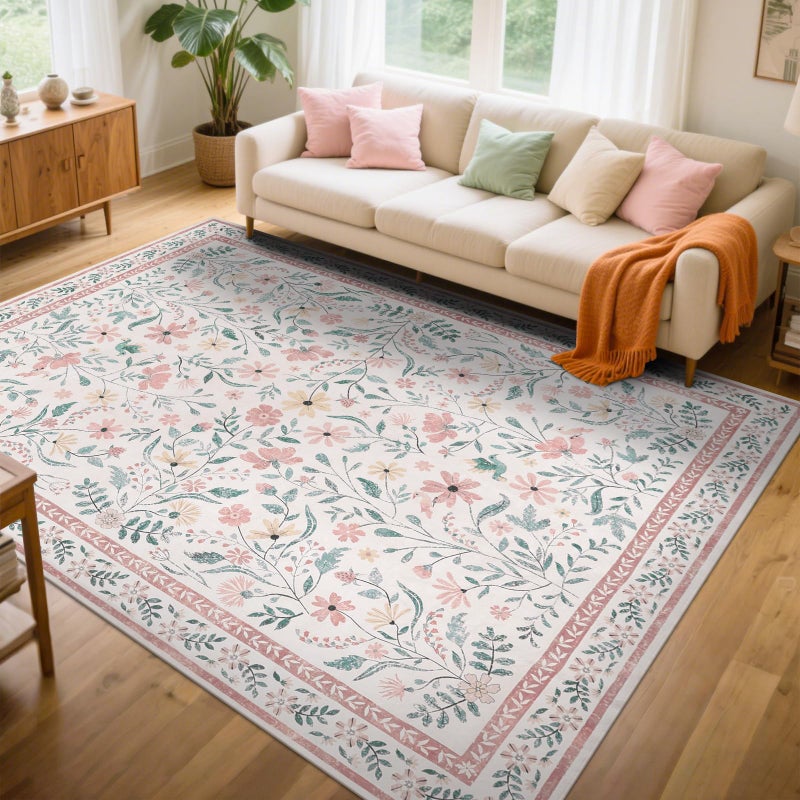 SHACOS Pink Floral Area Rugs 5x7 Nursery Rug, Machine Washable Boho Rugs for Bedroom, Non Slip Soft Floral Low-Pile Carpet for Living Room Kids Room Dining Room Entryway Indoor - Image 2