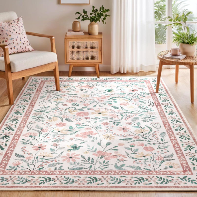 SHACOS Pink Floral Area Rugs 5x7 Nursery Rug, Machine Washable Boho Rugs for Bedroom, Non Slip Soft Floral Low-Pile Carpet for Living Room Kids Room Dining Room Entryway Indoor - Image 1